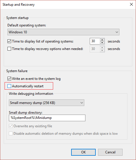 Disable Automatic Restart on System Failure in Windows 10