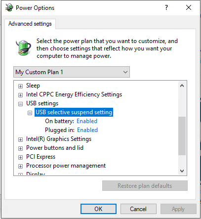 Under USB settings, disable ‘USB selective suspend setting’