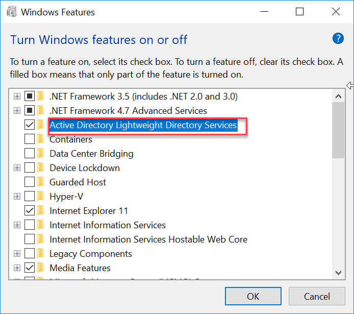 Under Windows Features checkmark Active Directory Lightweight Directory Services