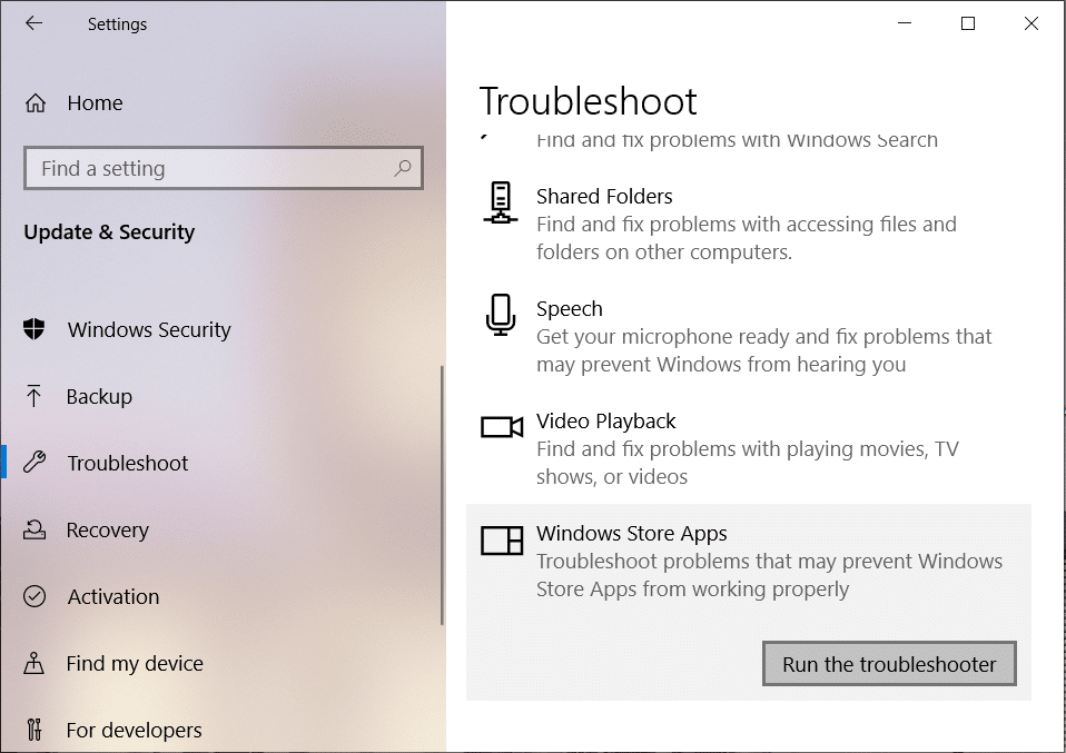 Under Windows Store Apps click on Run the troubleshooter