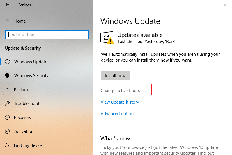 Under Windows Update click on Change Active Hour
