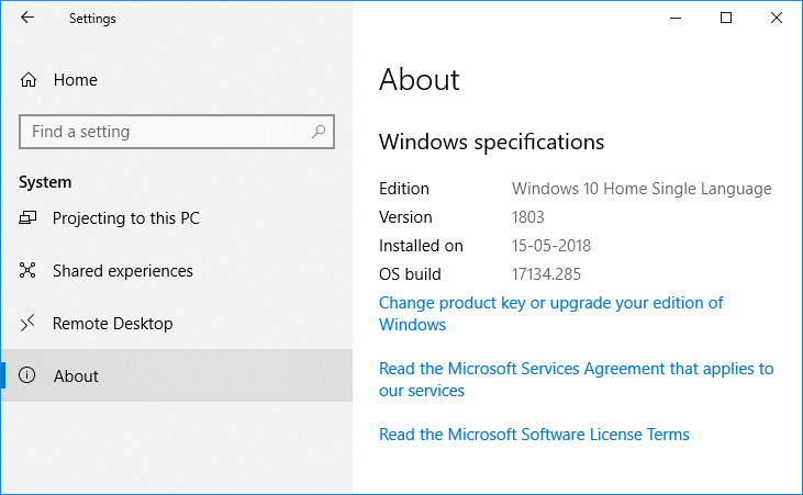 Under Windows specification, you will see the Edition, Version, Installed on, and OS build information