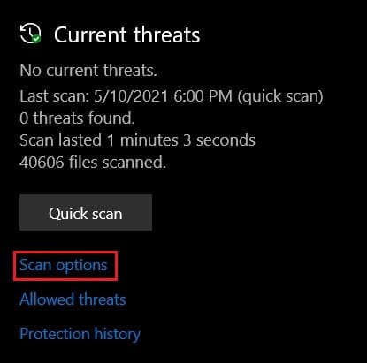Under current threats, click on scan options | Fix Windows Cannot Find Steam.exe