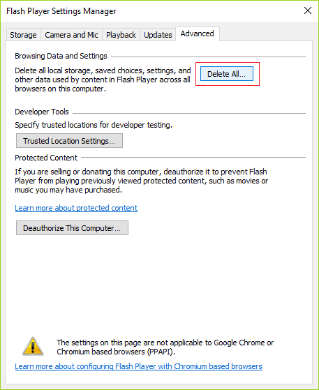 Under flash player settings switch to advanced and then click Delete All under Browsing Data and Settings