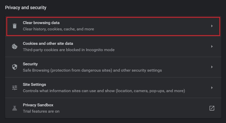 Under privacy and security panel, click on clear browsing data | Fix An Error Occurred 'Try Again' Playback ID on YouTube