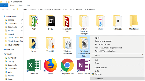 В папке «Программы» найдите «Средства администрирования Windows», затем щелкните его правой кнопкой мыши и выберите «Свойства».