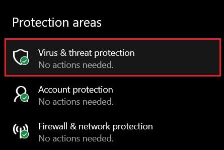 Under protection areas, click on Virus and threat protection