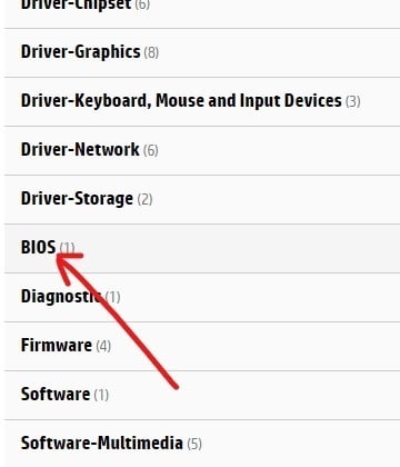 В списке программного обеспечения и драйверов нажмите BIOS.