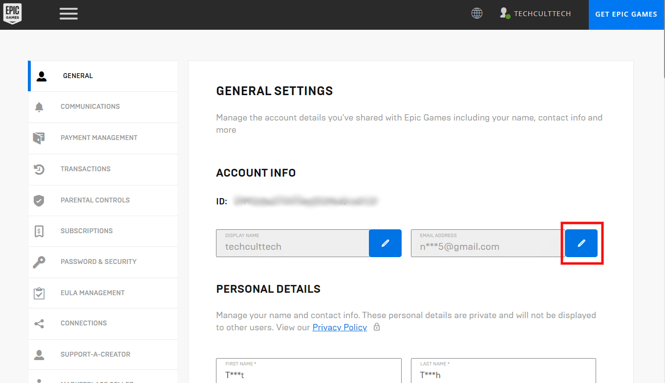 Under the ACCOUNT INFO section, click on the pencil icon next to your email address