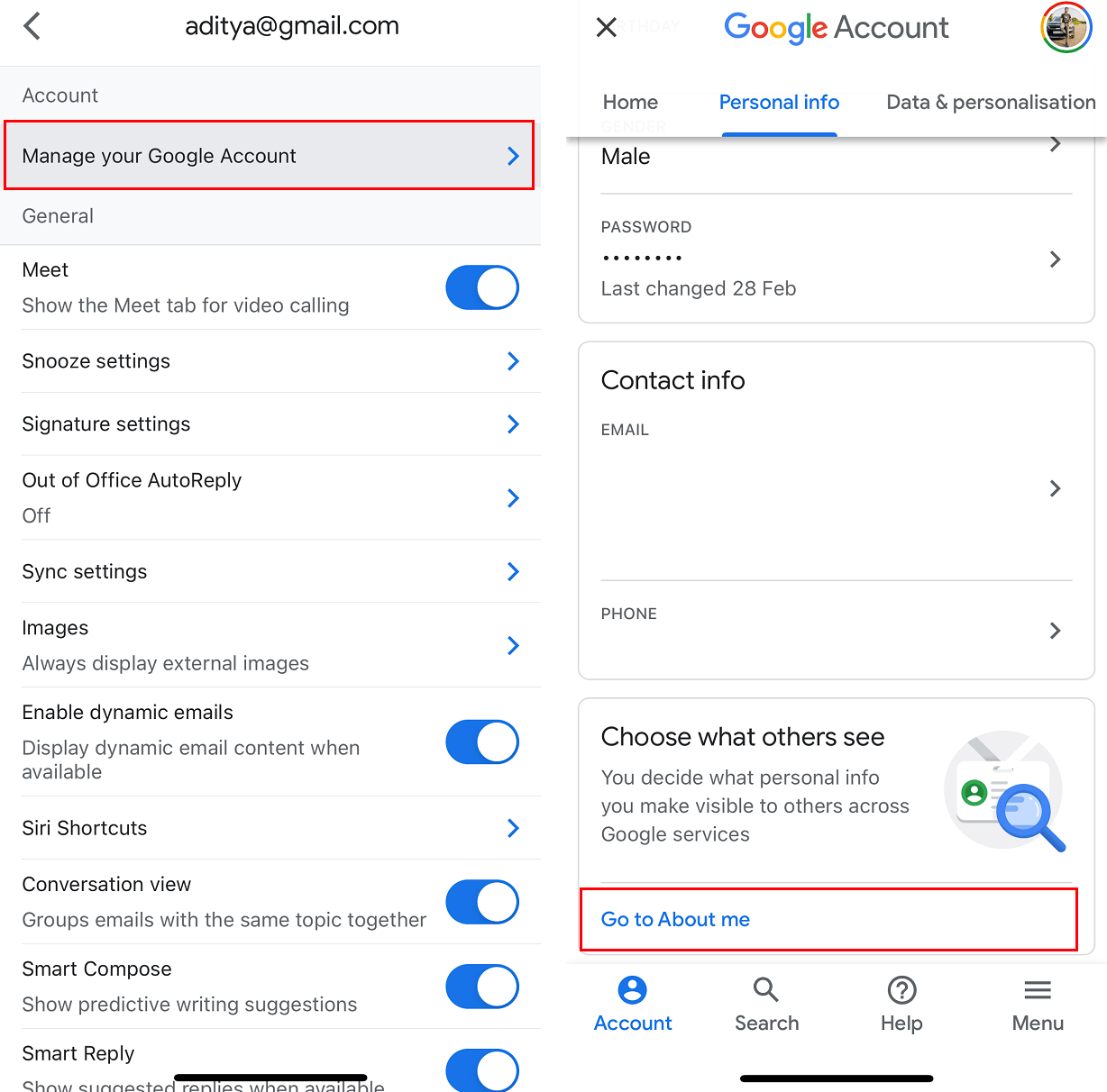 Under the Account section, tap on the Manage your Google Account option. | How to Remove Google or Gmail Profile Picture