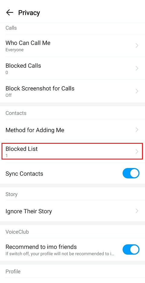 Under the Contacts section, tap on the Blocked List option | How to Delete imo Contacts