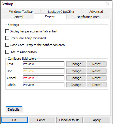 Under the Display tab, you can customize the Core Temp display settings