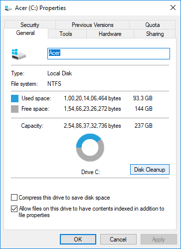 Under the General tab, click on Disk Cleanup button