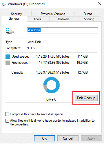 Under the General tab, click on Disk cleanup | 10 Ways to Free Up Hard Disk Space On Windows 10