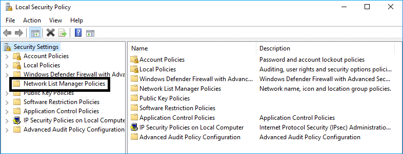 Under the Local Security Policy click on the Network List Manager Policies