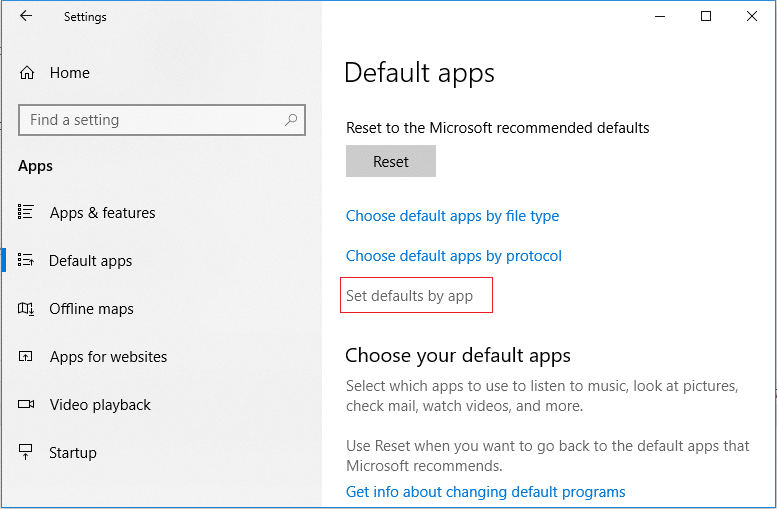 Под кнопкой «Сброс» нажмите «Установить настройки по умолчанию по ссылке на приложение» | Как изменить программы по умолчанию в Windows 10