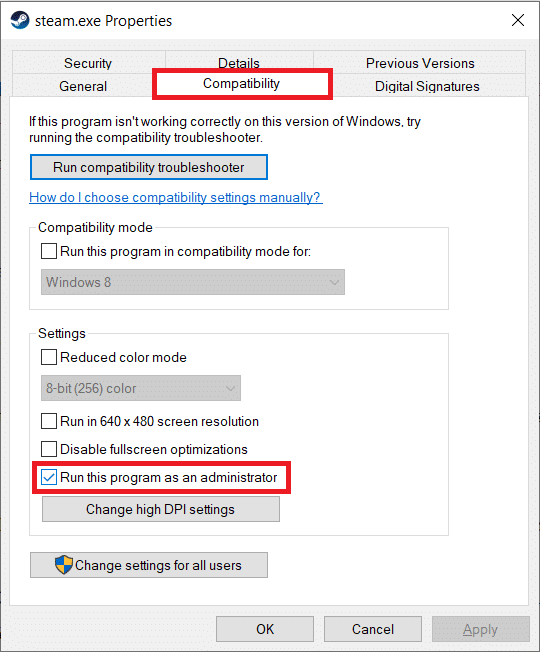 Under the Settings sub-section, checktick the box next to Run this program as an administrator