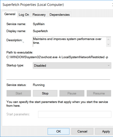 Disable SuperFetch using services.msc in Windows 10