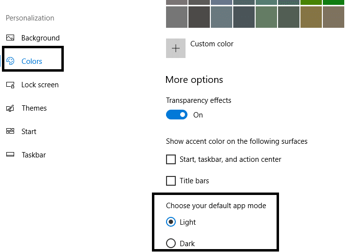 Under the personalization category, select the colors option