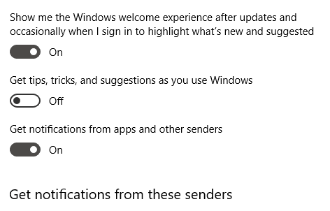 Under the ‘Notifications’ block, uncheck ‘Get tips, tricks, and suggestions as you use Windows’.