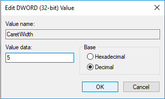 Under value data field type in a number between 1 - 20 for the cursor thickness you want