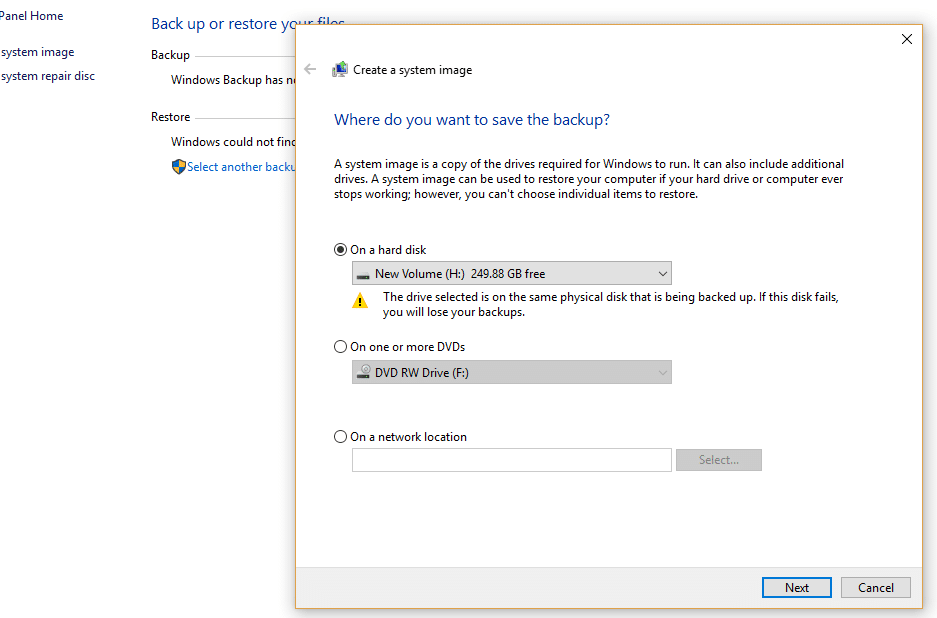 Under “Where do you want to save the backup” choose “On a hard disk.” 