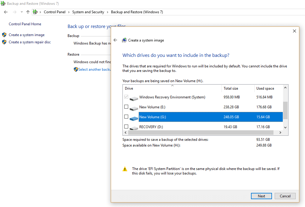 Under “Which drive do you want to include in the backup” choose any additional device
