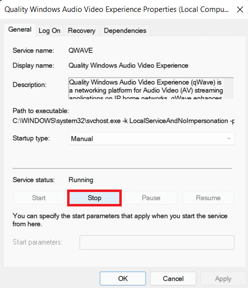 Служба качества Windows Audio Video Stop