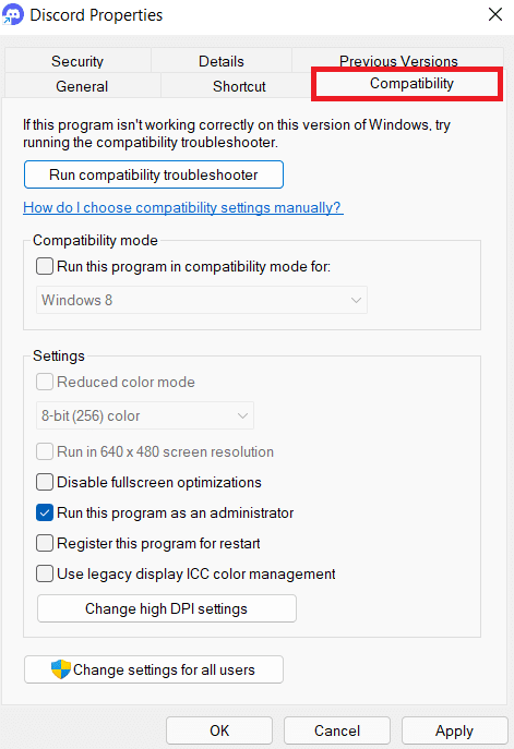 Окно свойств Discord. Как исправить ошибку Discord JavaScript при запуске в Windows 10