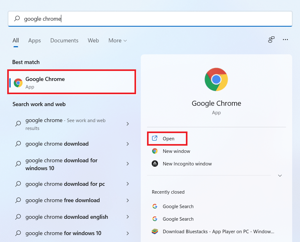 Type Google Chrome in the Windows search bar and click on Open | how to download Google Maps for Windows 10/11