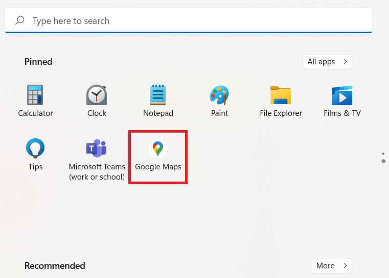 Google Maps pinned to the start menu