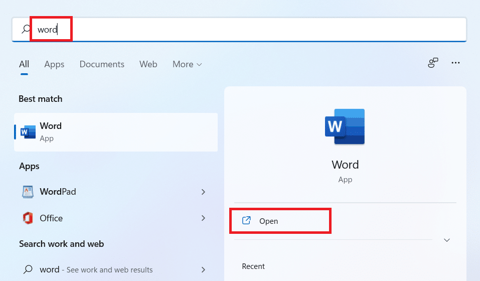 Type Word in the Windows search bar and click the Open option as shown below. | how to print large images on multiple pages Windows 11