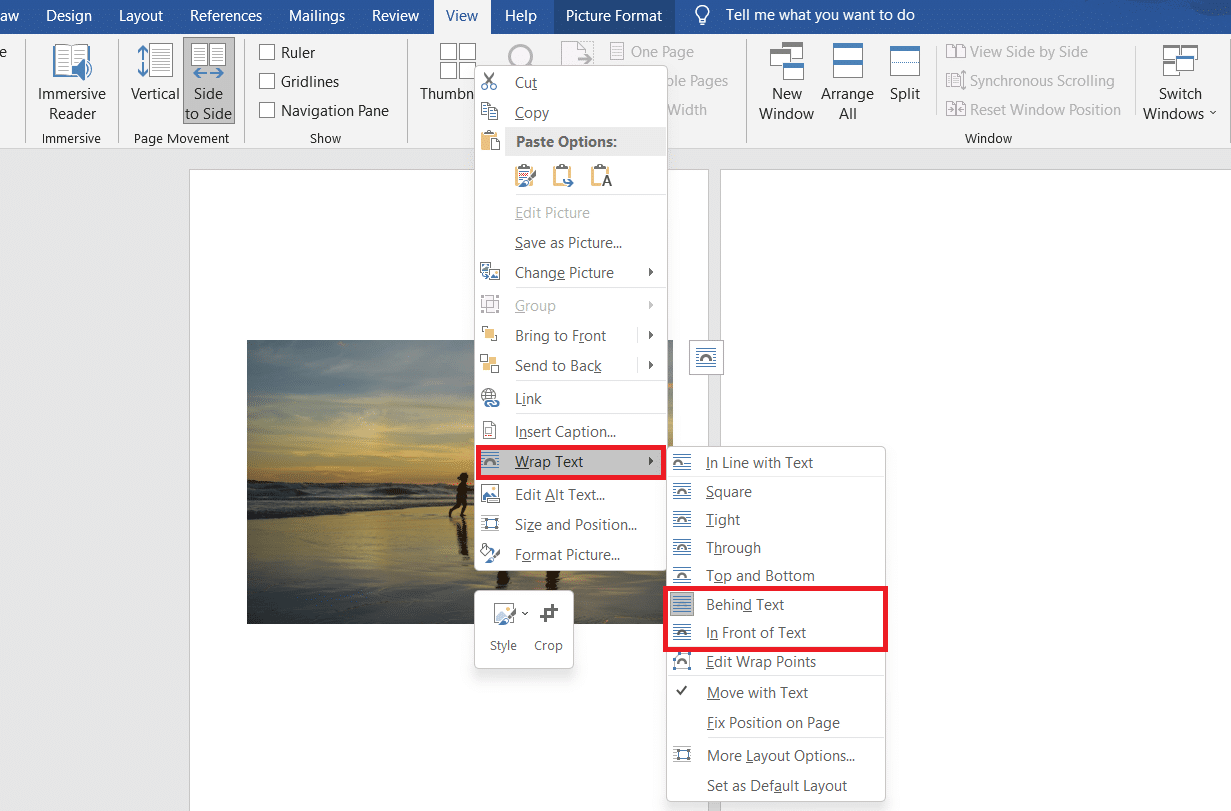 Then right-click on the image and click the Wrap Text option. To wrap and move the image freely in the Word file, select either Behind Text or In Front of Text.