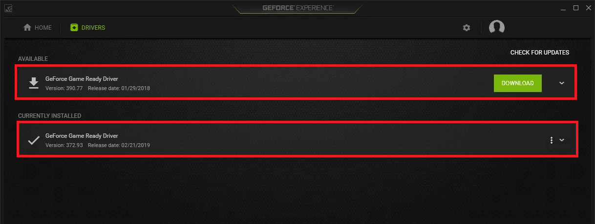 Update the driver from NVIDIA Geforce Experience Control Panel