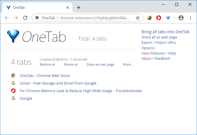 Use One Tab Chrome Extension to Fix Chrome Memory Leak Issue