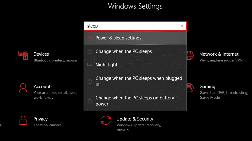 Use Settings Search to search for Power & Sleep