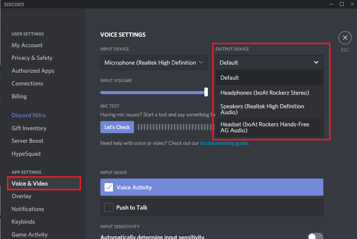 Open Voice & Video settings and expand the Output Device drop-down list