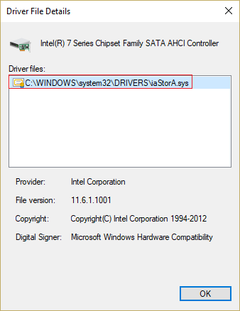 Verify that iaStorA.sys is a listed driver, and click OK