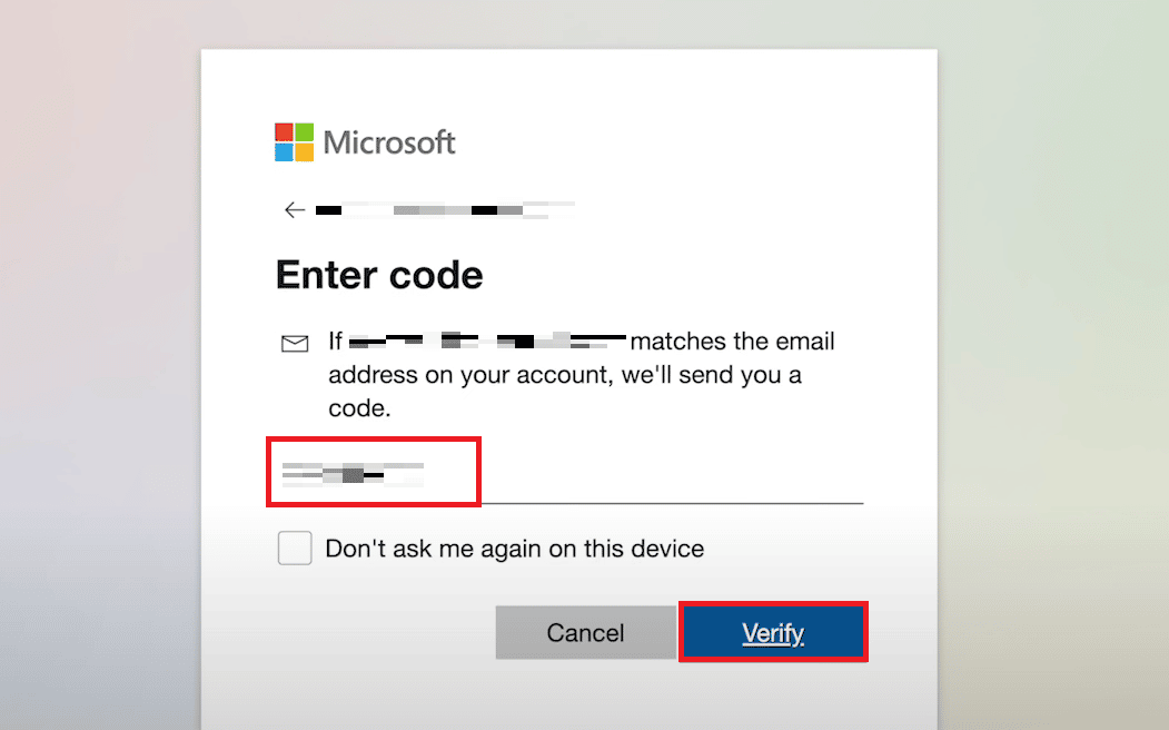 Verify your account by entering the code sent to your email or mobile number
