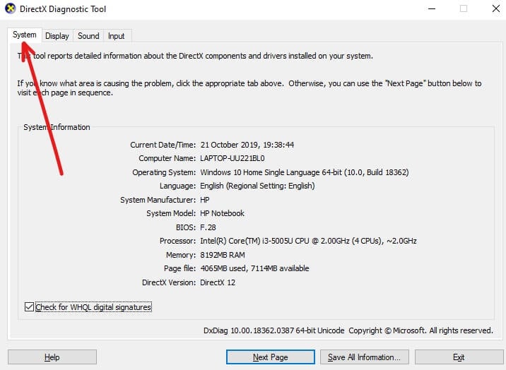 Visit System by clicking on the System tab available at the top menu | Fix Unable to Install DirectX on Windows 10