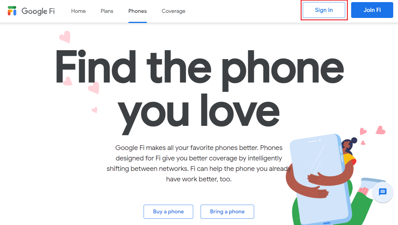 Visit the Google Fi webpage and Sign in to your account