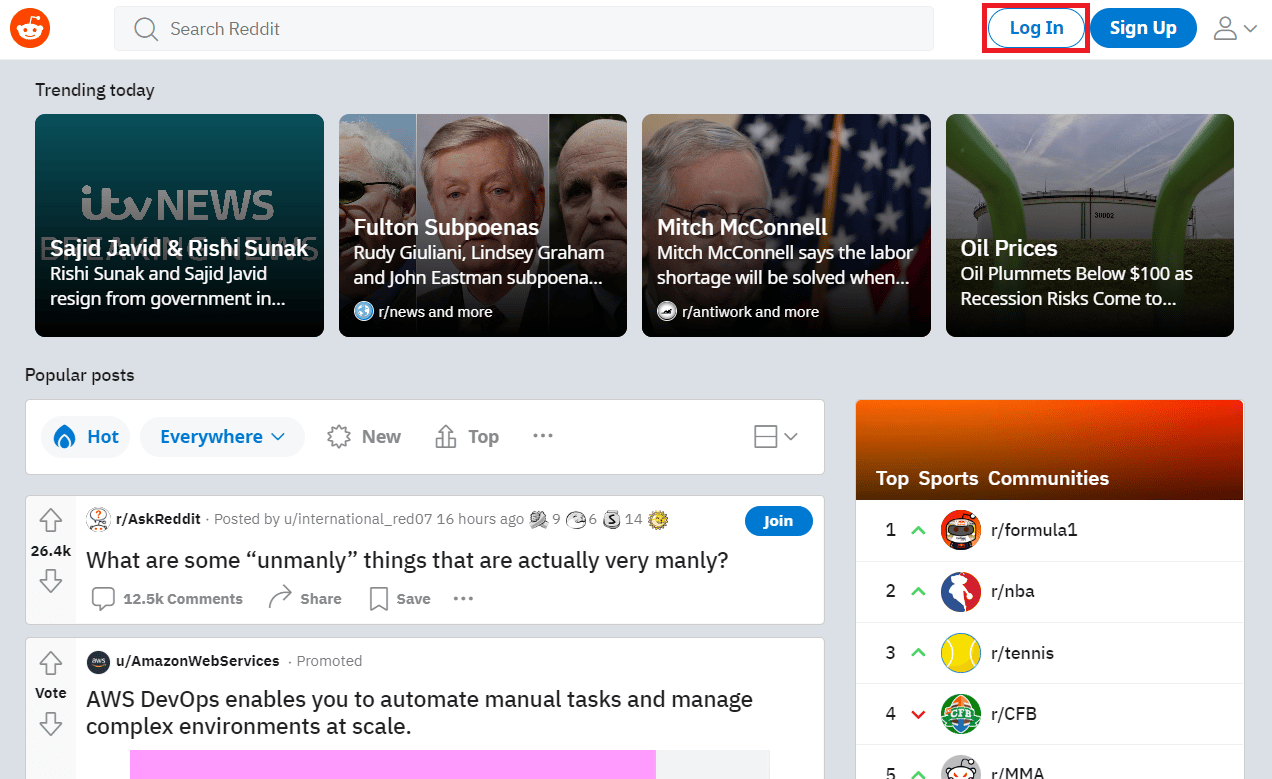 Visit the Reddit website on your desktop browser and Log In to your account