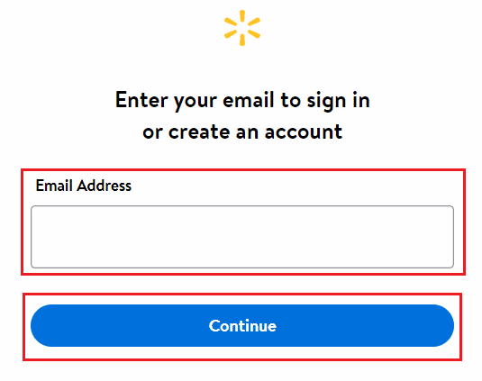 Visit the Walmart login page on your browser and enter the email address in the given box and click on Continue