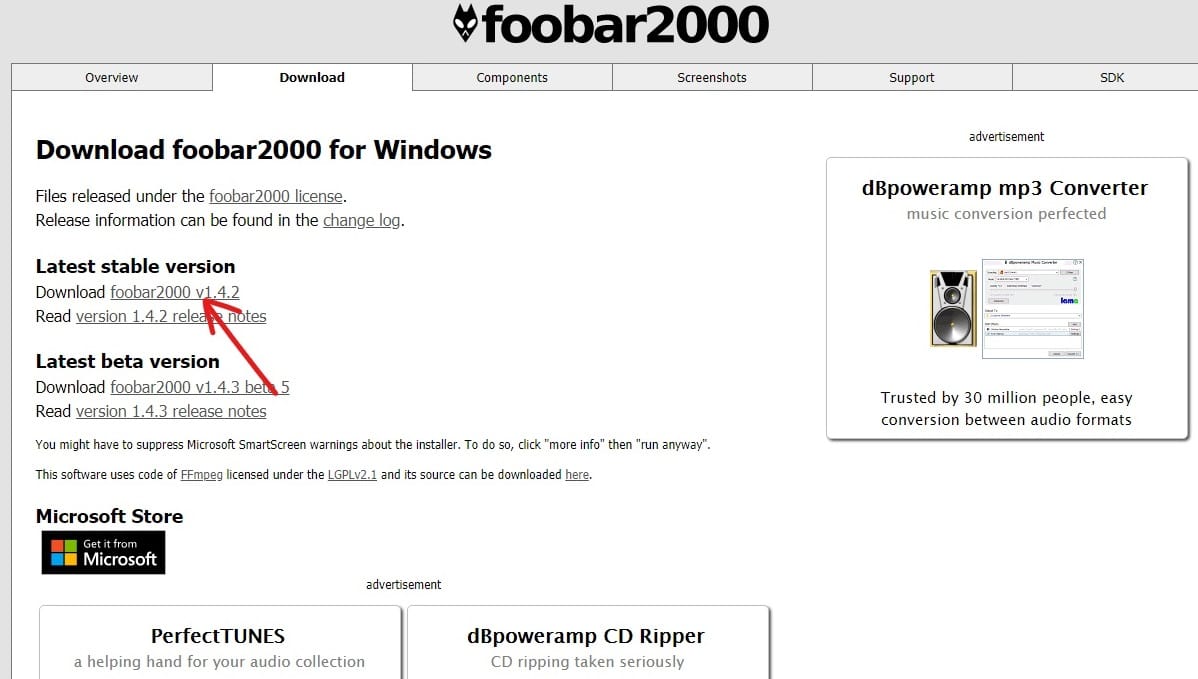 Visit website Foobar2000 and click download