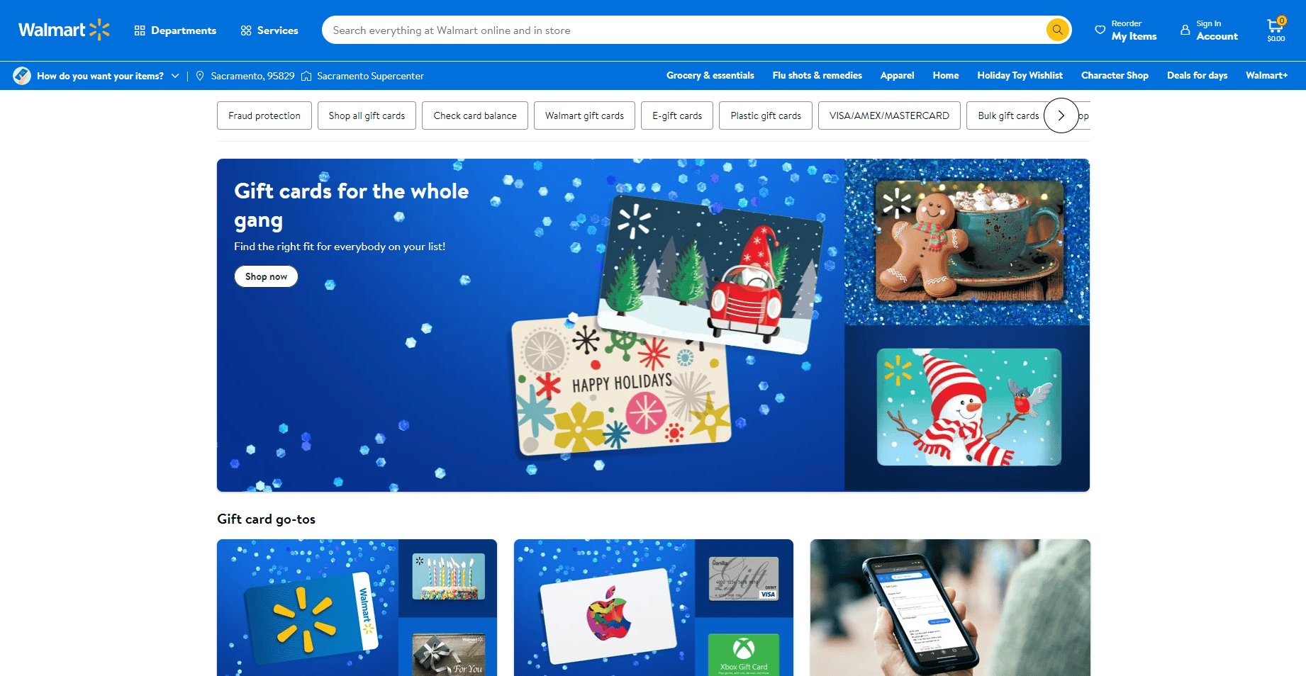 Wallmart gift cards page