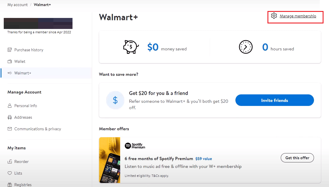 Walmart+ Manage membership