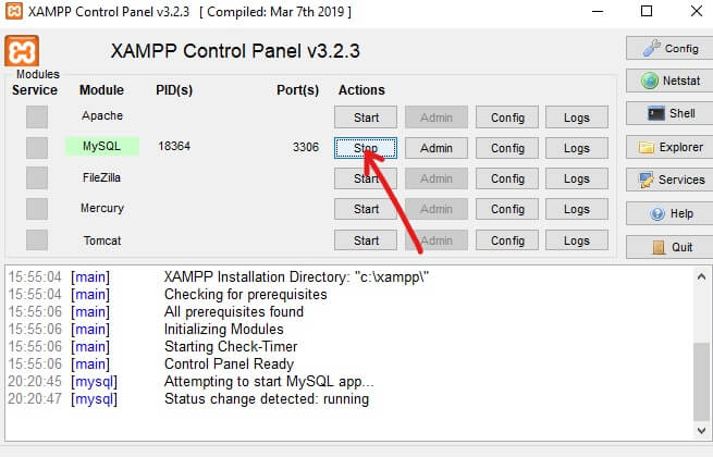 Want to stop MySQL from running, click on the Stop button | Install And Configure XAMPP on Windows 10