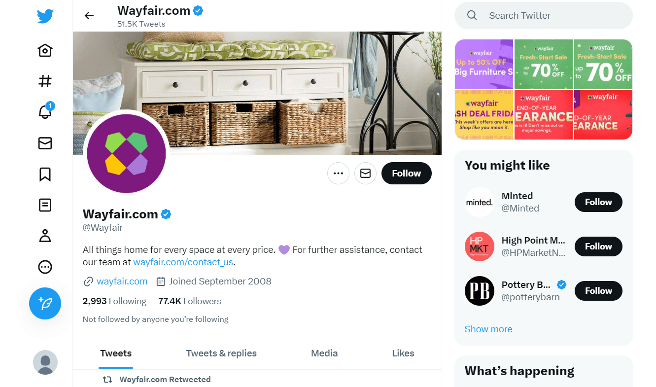 Wayfair Twitter page | How to Switch from Wayfair Professional to Regular