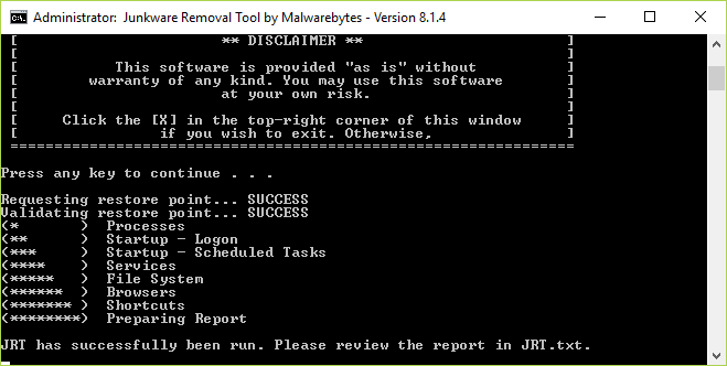 When the scan completes Junkware Removal Tool will display a log file with malicious files