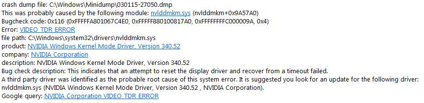 WhoCrashed report of nvlddmkm.sys